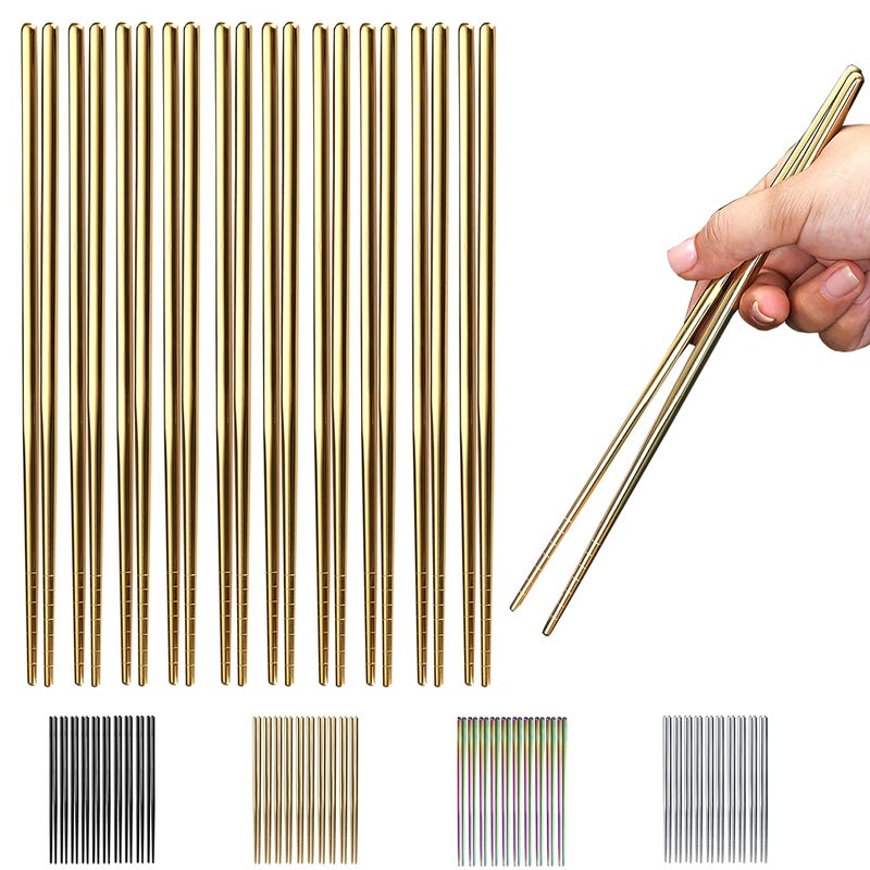 HOMQUEN 10 Pairs Reusable Chopsticks Titanium Gold Plating Stainless Steel Metal Chop Sticks Japanese Chinese Korean Chopstick Dishwasher Safe 89 Inch Gold  Chop sticks 
