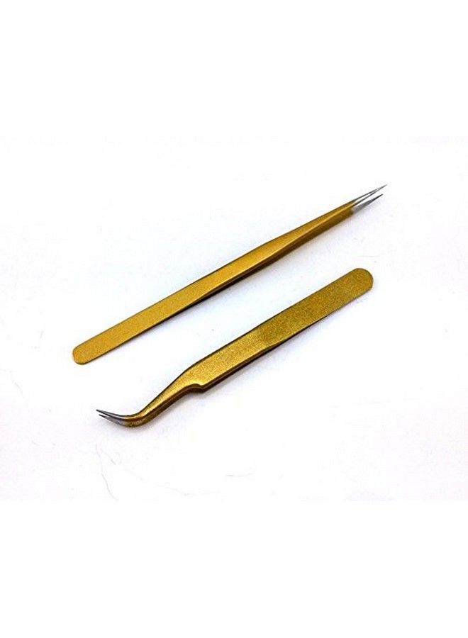 Yueton 2Pcs Gold Color Coated Stainless Steel Straight And Curved Head Tweezers With Leather Case For Eyelash Extension - Image 3