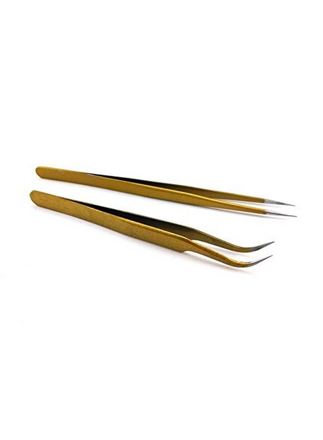 Yueton 2Pcs Gold Color Coated Stainless Steel Straight And Curved Head Tweezers With Leather Case For Eyelash Extension - Image 5