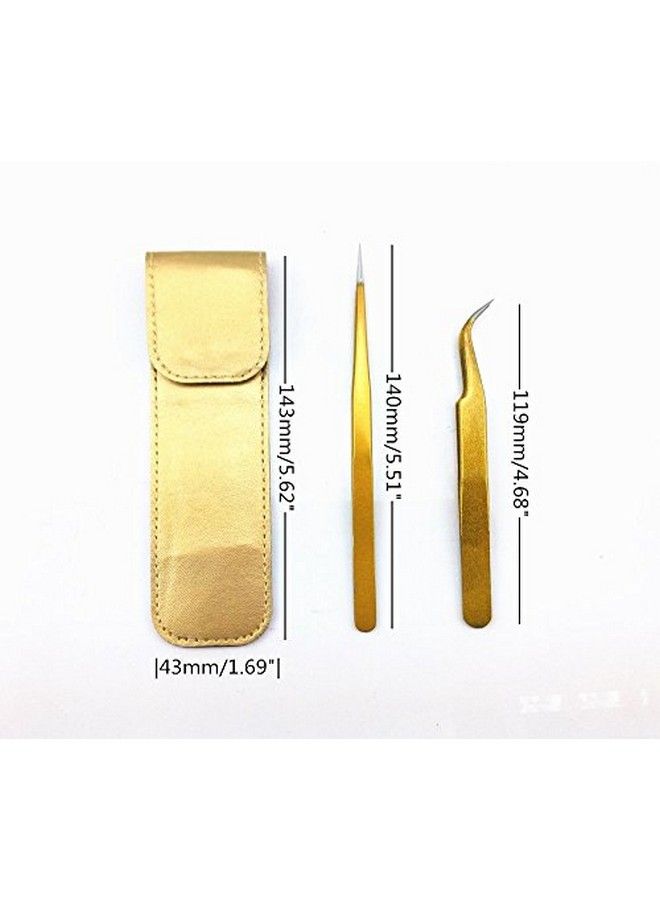 Yueton 2Pcs Gold Color Coated Stainless Steel Straight And Curved Head Tweezers With Leather Case For Eyelash Extension - Image 4