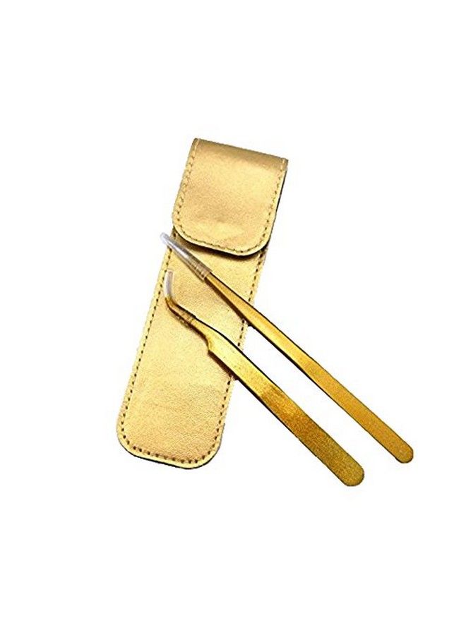 Yueton 2Pcs Gold Color Coated Stainless Steel Straight And Curved Head Tweezers With Leather Case For Eyelash Extension - Image 1