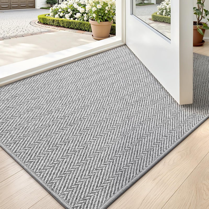 LUMI Ultra Thin Indoor Door Mat for Entrance 24"x36", Non Slip Entryway Mat, Low Profile Doormat, Unique Herringbone Design Carpet for Inside, Patio, Porch, Gray - Image 1