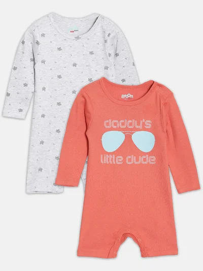 Broon Broon Infant Boys Orange and Grey Printed Organic Cotton Rompers Pack of 2