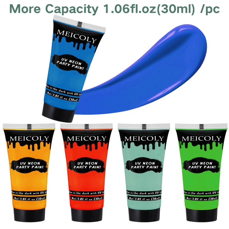 MEICOLY Glow Blacklight Face Body Paint Set,Neon Face Paint Kit,1.06x9oz/Box with Sponges,Blacklight Reactive Paints,Glow in the Dark Body Paint Neon Party Supplies,Neon Fluorescent Face Paint Makeup - Image 2