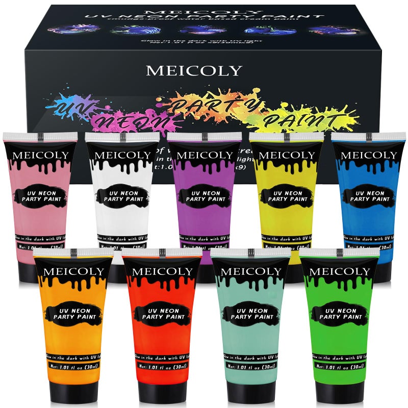MEICOLY Glow Blacklight Face Body Paint Set,Neon Face Paint Kit,1.06x9oz/Box with Sponges,Blacklight Reactive Paints,Glow in the Dark Body Paint Neon Party Supplies,Neon Fluorescent Face Paint Makeup - Image 1