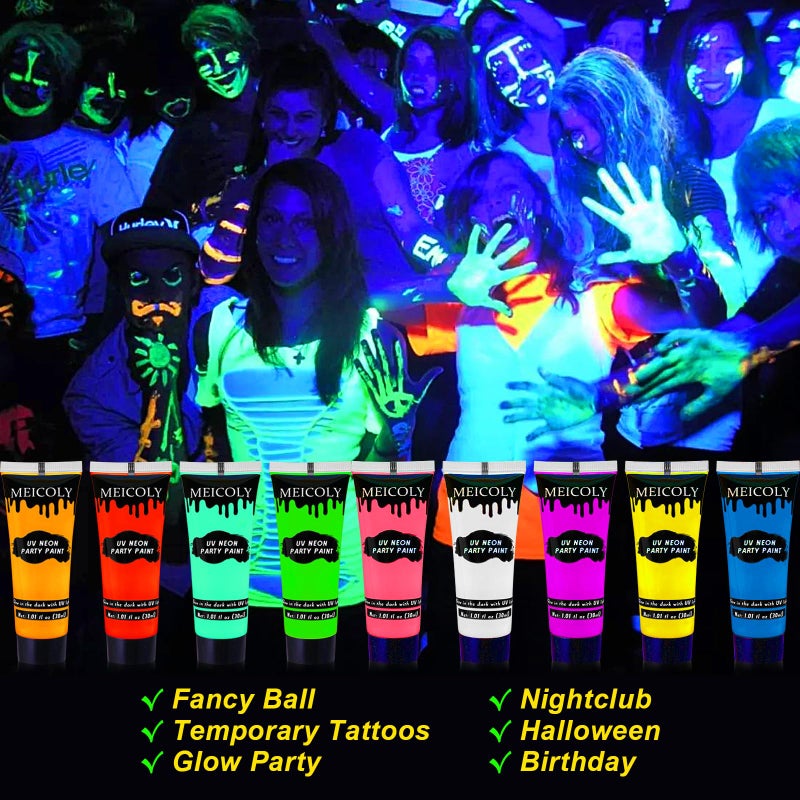 MEICOLY Glow Blacklight Face Body Paint Set,Neon Face Paint Kit,1.06x9oz/Box with Sponges,Blacklight Reactive Paints,Glow in the Dark Body Paint Neon Party Supplies,Neon Fluorescent Face Paint Makeup - Image 3