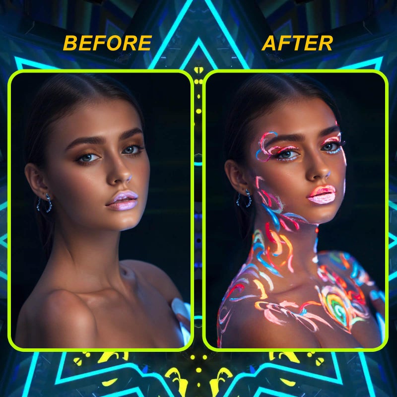 MEICOLY Glow Blacklight Face Body Paint Set,Neon Face Paint Kit,1.06x9oz/Box with Sponges,Blacklight Reactive Paints,Glow in the Dark Body Paint Neon Party Supplies,Neon Fluorescent Face Paint Makeup - Image 5
