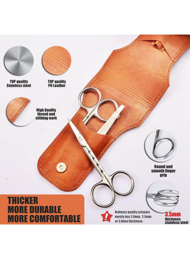 HANTEKAS Professional Stainless Steel Curved Rounded Facial Hair Scissors Tweezers Set For Men Moustache, Nose Hair, Beard Trimming Scissors,Safety Use for Eyebrows,Eyelashes,Ear Hair - PU Leather Bag - Image 3