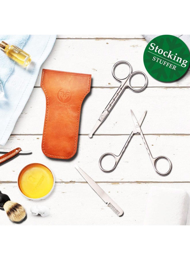 HANTEKAS Professional Stainless Steel Curved Rounded Facial Hair Scissors Tweezers Set For Men Moustache, Nose Hair, Beard Trimming Scissors,Safety Use for Eyebrows,Eyelashes,Ear Hair - PU Leather Bag - Image 2