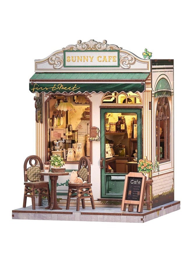CuteBee Book Nook Kit - DIY Miniature House Dollhouse Kit for Adult and Teens, Booknook Bookshelf Decor Alley Model Build with LED Light, Gifts for Family and Friends (Sunny Cafe) - Image 1