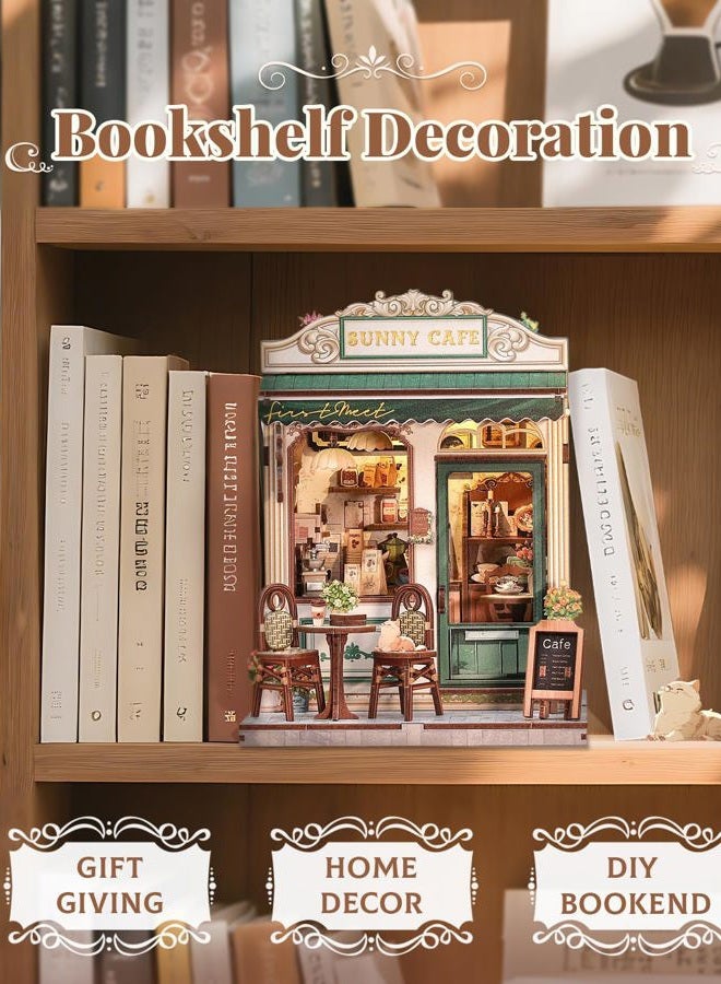 CuteBee Book Nook Kit - DIY Miniature House Dollhouse Kit for Adult and Teens, Booknook Bookshelf Decor Alley Model Build with LED Light, Gifts for Family and Friends (Sunny Cafe) - Image 3