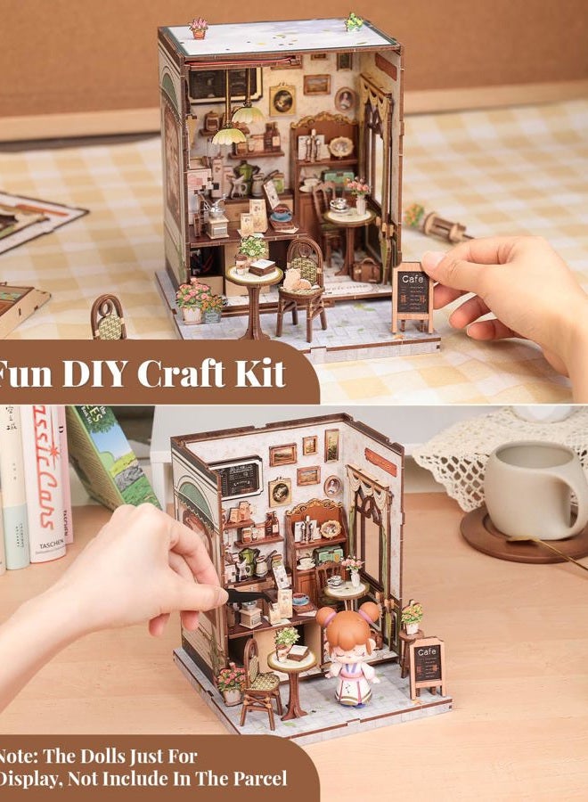 CuteBee Book Nook Kit - DIY Miniature House Dollhouse Kit for Adult and Teens, Booknook Bookshelf Decor Alley Model Build with LED Light, Gifts for Family and Friends (Sunny Cafe) - Image 4