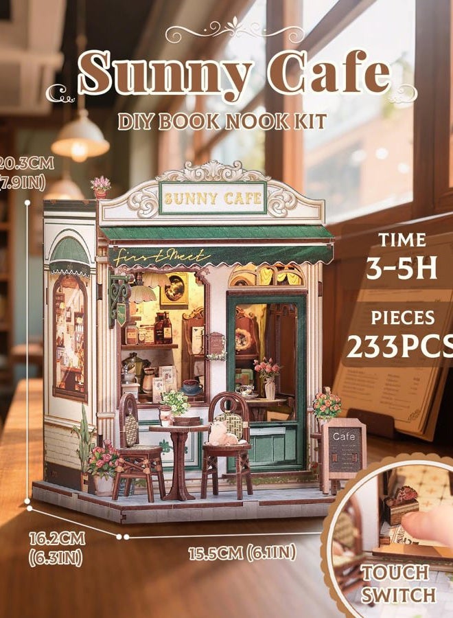 CuteBee Book Nook Kit - DIY Miniature House Dollhouse Kit for Adult and Teens, Booknook Bookshelf Decor Alley Model Build with LED Light, Gifts for Family and Friends (Sunny Cafe) - Image 2