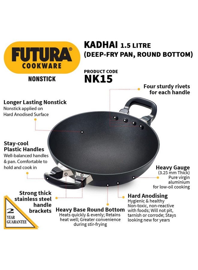Hawkins Futura 1.5 Litre Deep Fry Pan, Non Stick Kadai, Round Bottom Kadhai, Small Non Stick Kadai, Black (NK15) - Image 2