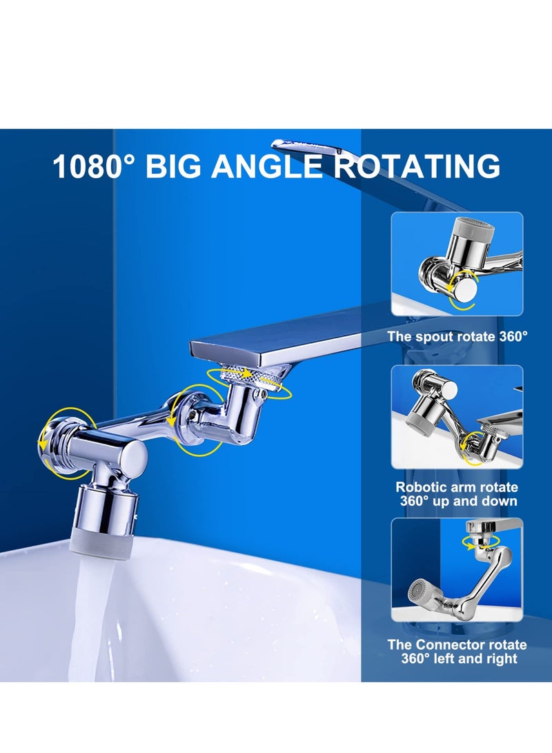 KASTWAVE موزع صنبور دوار بزاوية ١٠٨٠ درجة، فلتر تنفيس صنبور عالمي، موزع رش كبير بزاوية، موزع صنبور حوض الحمام مزدوج الرش لغسل الوجه والمضمضة فضي - Image 4