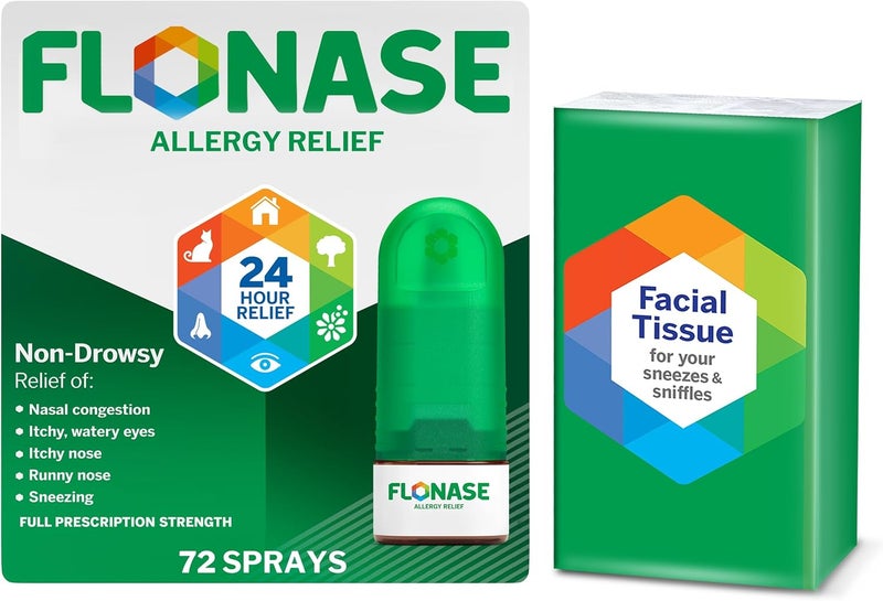 FLONASE Flonase Allergy Relief Nasal Spray, 24-Hour Non-Drowsy Multi-Symptom Relief - 72 Sprays plus Bonus Pack of Tissues