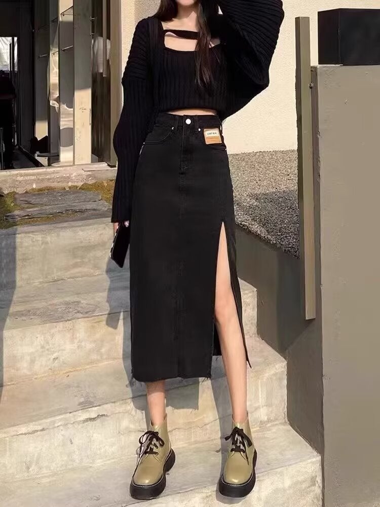 High-Waisted Slit Denim Skirt For Women 2025 Spring And Black Slimming Look A-Line Hip-Covering Mid-Length Skirt Pants - Image 5