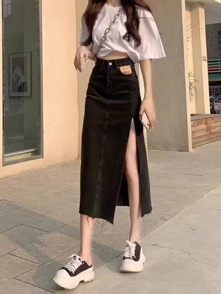 High-Waisted Slit Denim Skirt For Women 2025 Spring And Black Slimming Look A-Line Hip-Covering Mid-Length Skirt Pants - Image 2