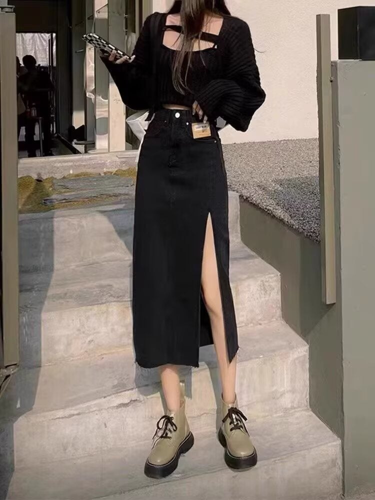 High-Waisted Slit Denim Skirt For Women 2025 Spring And Black Slimming Look A-Line Hip-Covering Mid-Length Skirt Pants - Image 4