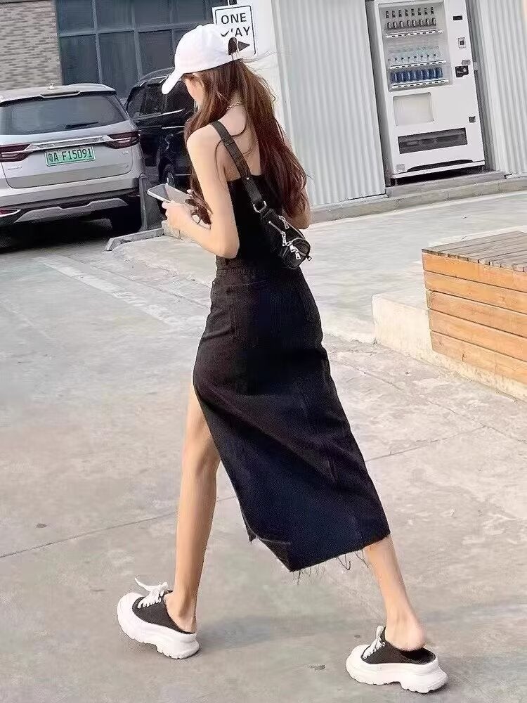 High-Waisted Slit Denim Skirt For Women 2025 Spring And Black Slimming Look A-Line Hip-Covering Mid-Length Skirt Pants - Image 3