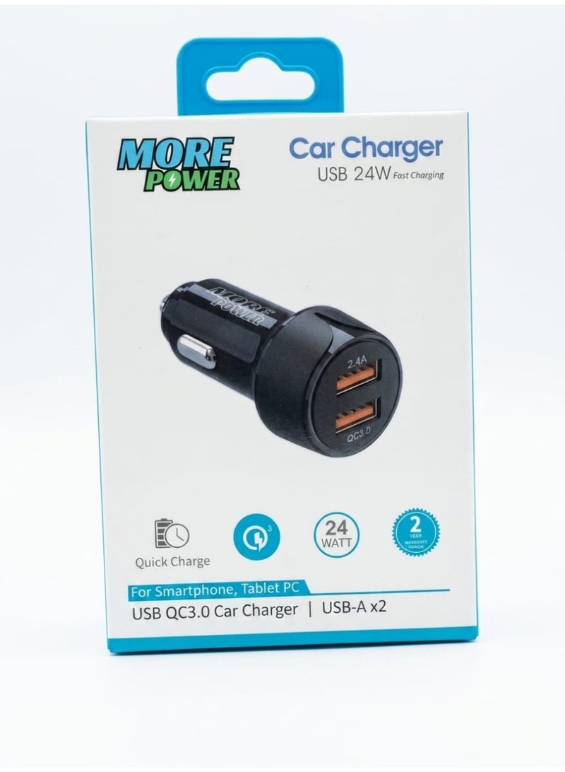MORE POWER 24W Dual USB-A Ports Fast Car Charger Adapter with QC 3.0 - Black - Image 1