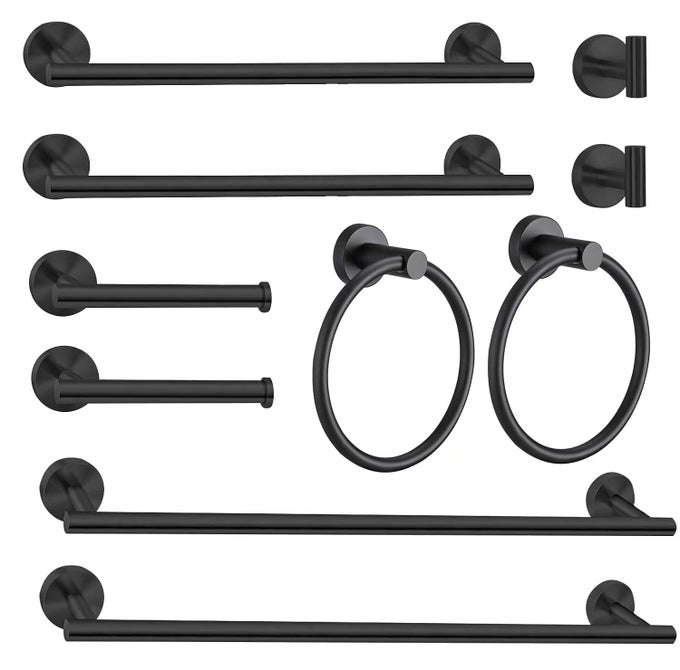 10PCS BATH TOWEL BAR SET INCLUDES 236 16 INCH TOWEL BARS HOOKS RINGS TOILET PAPER HOLDER BLACK