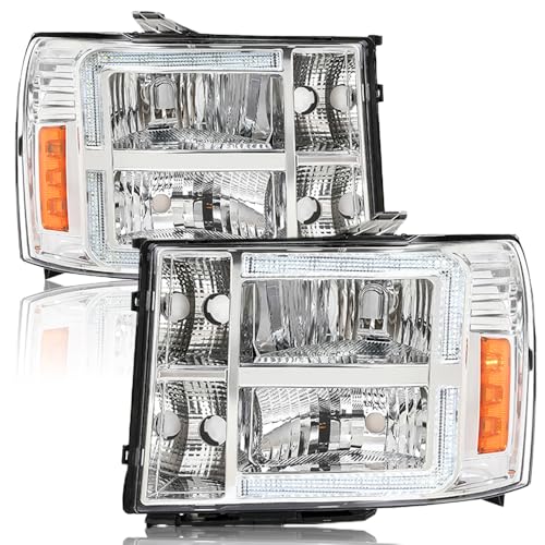 GPLUS G-PLUS LED DRL Headlights Assembly Compatible with GMC Sierra 1500 2007-2013/Fit GMC Sierra 2500 HD 3500 HD 2007-2014 Headlamps Clear Lens Chrome Housing Amber Reflector Left & Right,faros delanteros - Image 1