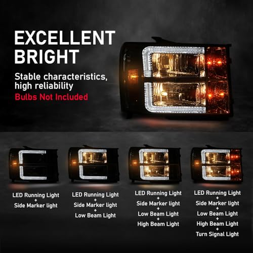 GPLUS G-PLUS LED DRL Headlights Assembly Compatible with GMC Sierra 1500 2007-2013/Fit GMC Sierra 2500 HD 3500 HD 2007-2014 Headlamps Clear Lens Chrome Housing Amber Reflector Left & Right,faros delanteros - Image 4