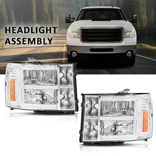 GPLUS G-PLUS LED DRL Headlights Assembly Compatible with GMC Sierra 1500 2007-2013/Fit GMC Sierra 2500 HD 3500 HD 2007-2014 Headlamps Clear Lens Chrome Housing Amber Reflector Left & Right,faros delanteros - Image 5
