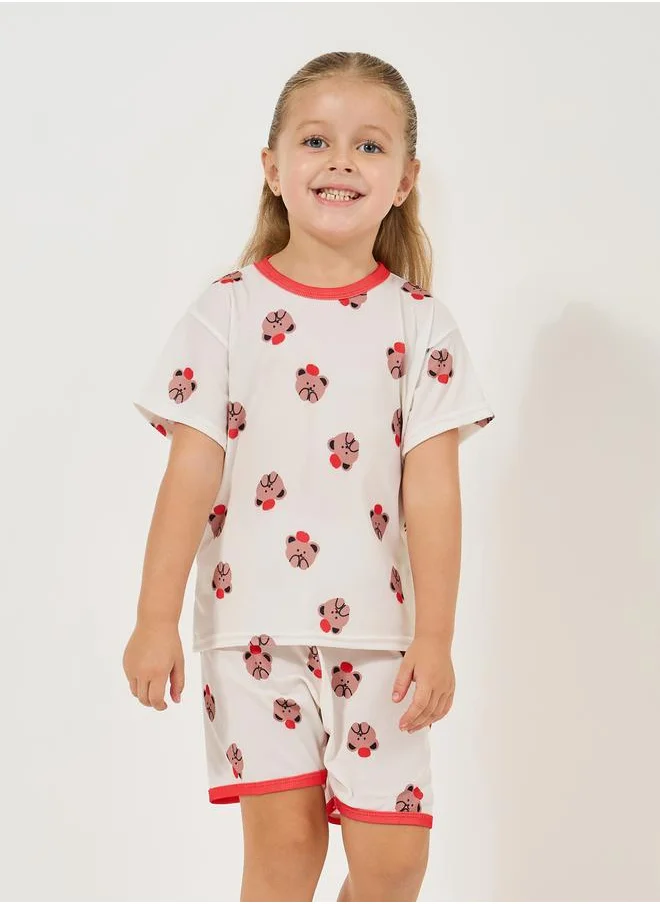ستايلي Bear Print Rib Knit T-Shirt & Shorts Set