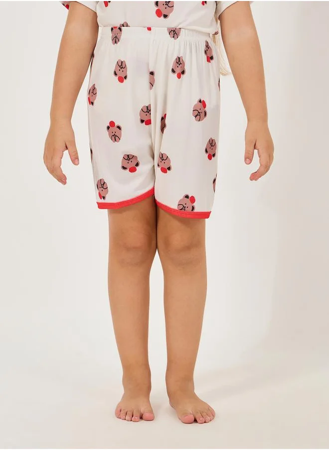 ستايلي Bear Print Rib Knit T-Shirt & Shorts Set