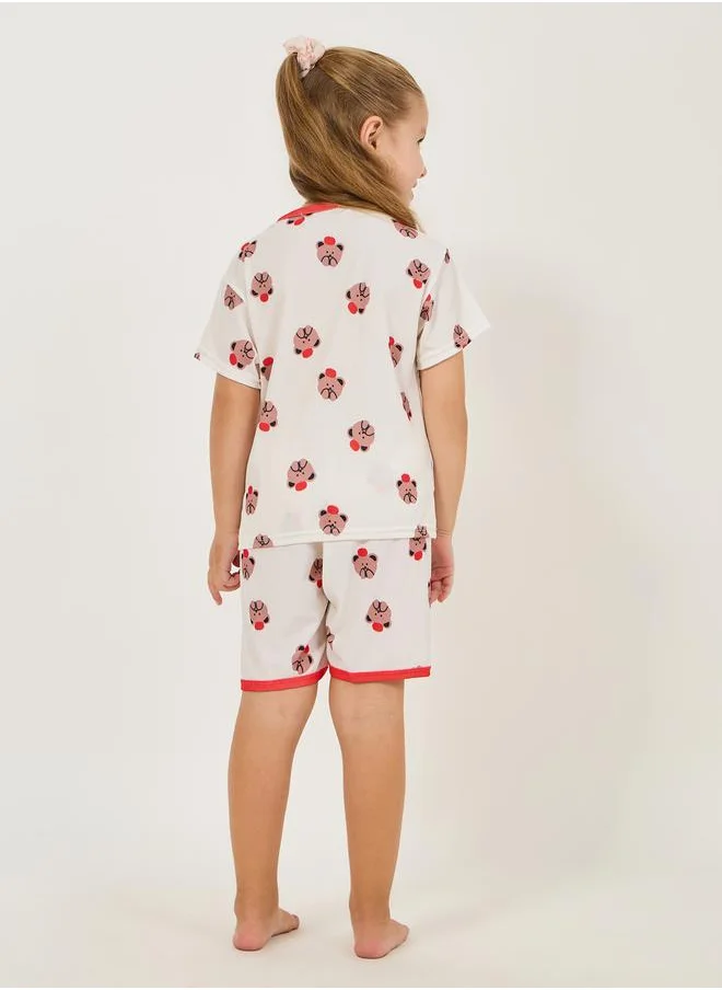 ستايلي Bear Print Rib Knit T-Shirt & Shorts Set