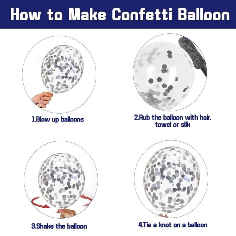 Zesliwy Navy Blue Silver Balloons Kit,50pcs 12inch Royal Dark Blue Metallic Silver White Balloon with Conffetti Latex Balloon for Wedding Graduation Birthday Anniversary Party Decorations - Image 4