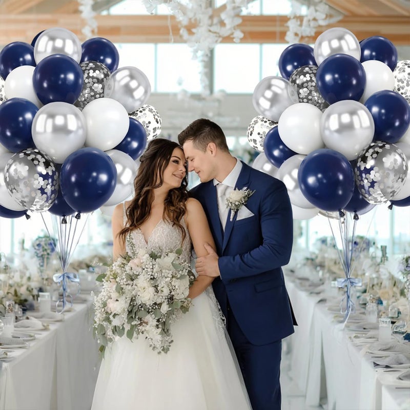 Zesliwy Navy Blue Silver Balloons Kit,50pcs 12inch Royal Dark Blue Metallic Silver White Balloon with Conffetti Latex Balloon for Wedding Graduation Birthday Anniversary Party Decorations - Image 5