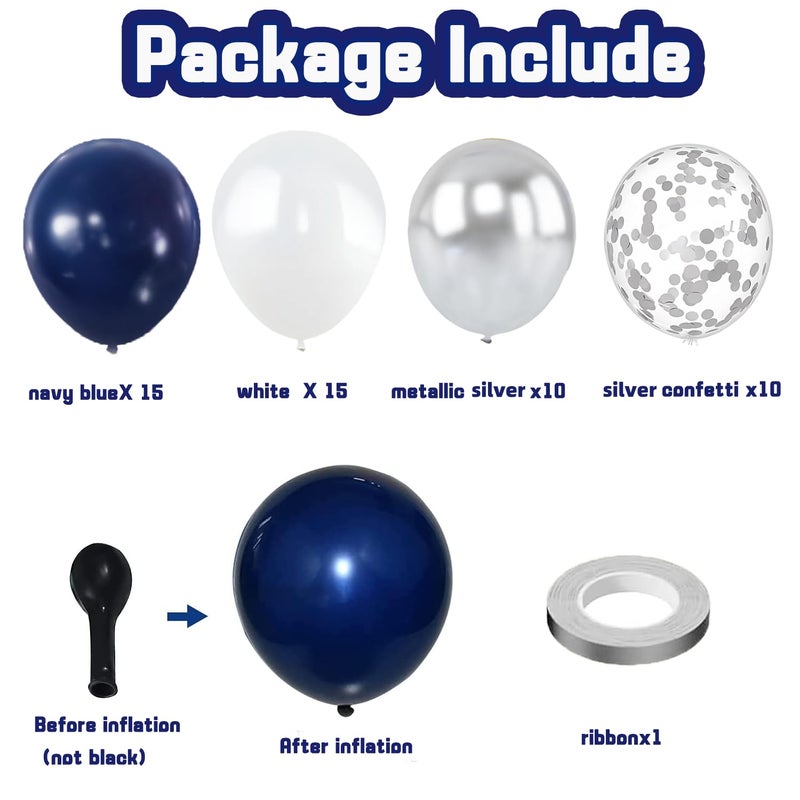 Zesliwy Navy Blue Silver Balloons Kit,50pcs 12inch Royal Dark Blue Metallic Silver White Balloon with Conffetti Latex Balloon for Wedding Graduation Birthday Anniversary Party Decorations - Image 3