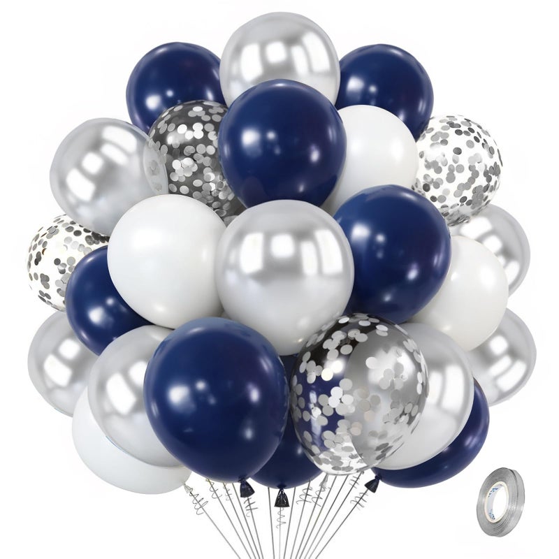 Zesliwy Navy Blue Silver Balloons Kit,50pcs 12inch Royal Dark Blue Metallic Silver White Balloon with Conffetti Latex Balloon for Wedding Graduation Birthday Anniversary Party Decorations - Image 1