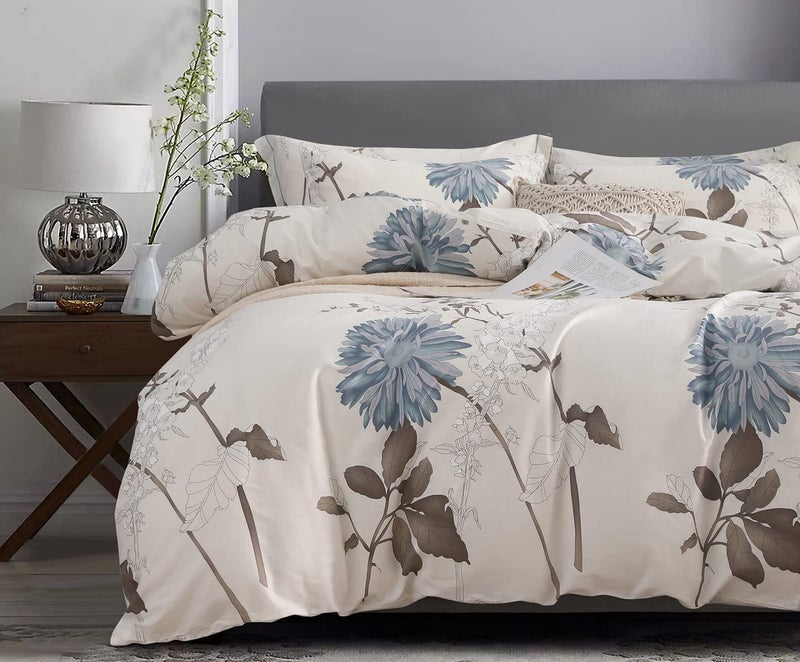 SLEEPBELLA Duvet Cover Twin Size 600 Thread Count Cotton Botanical Flowers Pattern Printed Reversible Comforter Cover