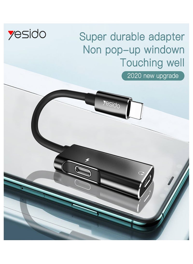 Yesido - Yesido YAU11 Audio Adapter 2 in 1 Convert For Lightning To Lightning And 3.5mm Port Splitter Adapter Line - Black - Image 1