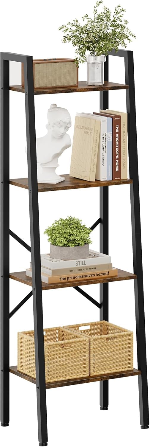 Hoctieon Hoctieon 4Tier Industrial Ladder Bookshelf Narrow Ladder Shelf Tall Standing Bookshelf Skinny Open Ladder Shelf for Living Room Home Office Kitchen Bedroom Metal Frame Rustic Brown 