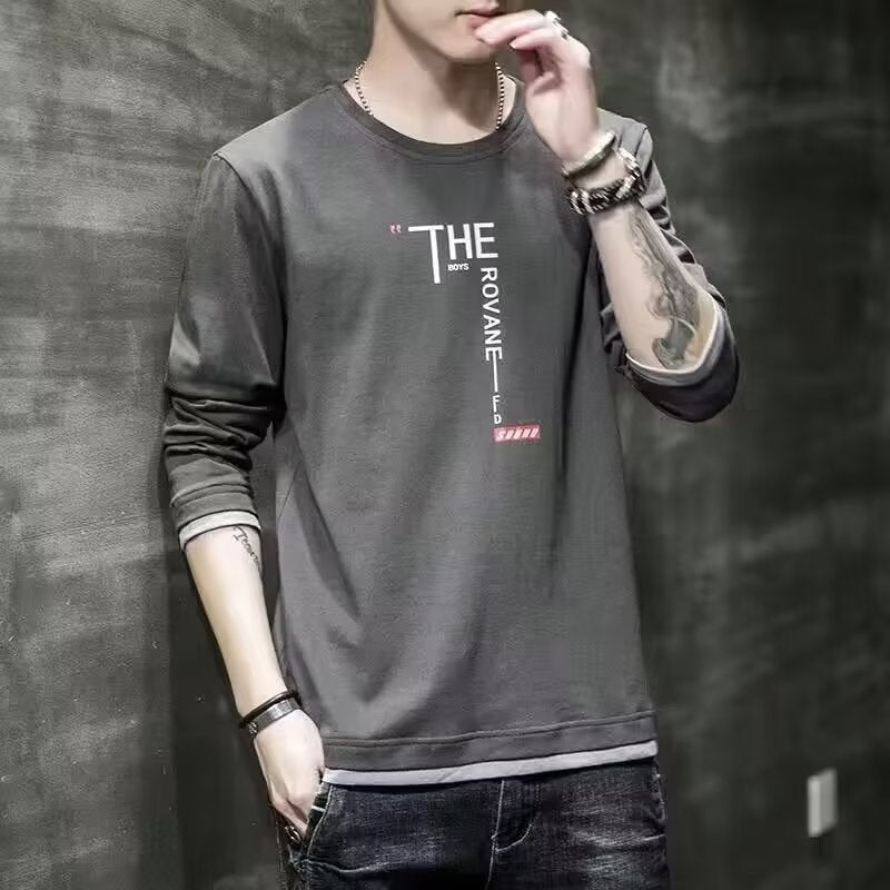 Men'S Thin Long-Sleeved T-Shirt Autumn Fashion Brand Loose Round Neck Fake Two-Piece T-Shirt Japanese Casual All-Match Bottoming Shirt - Image 4