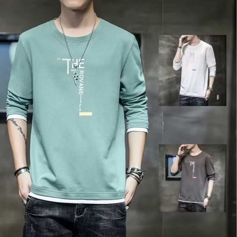 Men'S Thin Long-Sleeved T-Shirt Autumn Fashion Brand Loose Round Neck Fake Two-Piece T-Shirt Japanese Casual All-Match Bottoming Shirt - Image 2