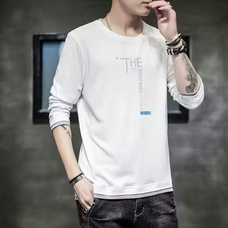 Men'S Thin Long-Sleeved T-Shirt Autumn Fashion Brand Loose Round Neck Fake Two-Piece T-Shirt Japanese Casual All-Match Bottoming Shirt - Image 3