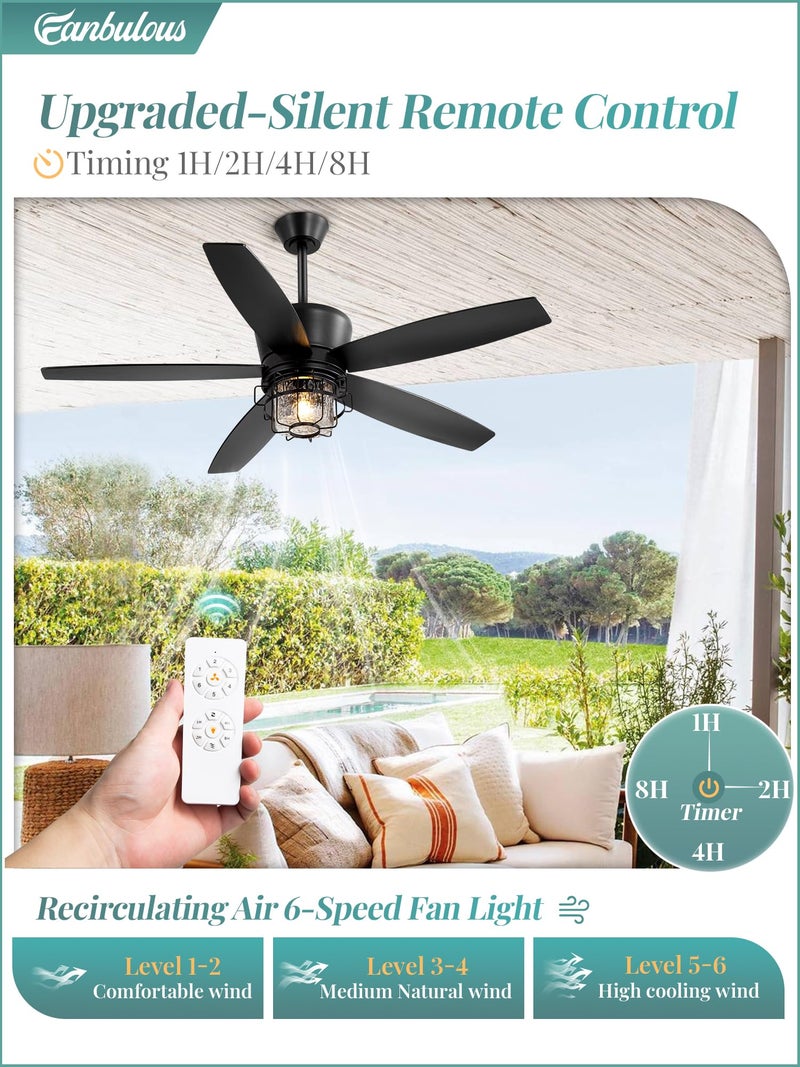 Fanbulous 52" Outdoor Ceiling Fans with Lights and Remote Control,IP65 Wet Rated Waterproof Ceiling Fan with 6-Speed DC Motor, Farmhouse Gazebo Fan for Porch Patios Pavilion（Black） - Image 5