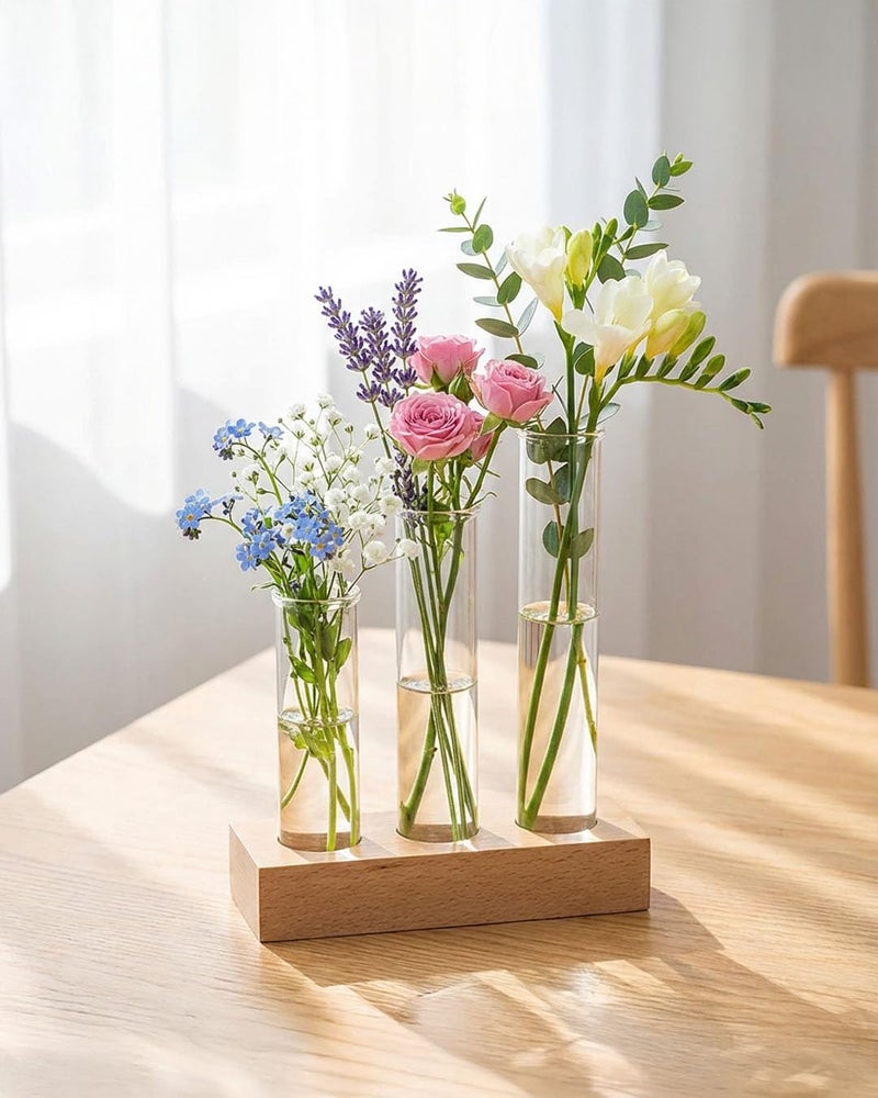 LABZIO Flower Vase with 3 Hand-Blown Borosilicate Glass Test Tubes in Small Wooden Block Stand – Elegant Diwali Home Decor, Festive Floral Display, Pooja Room & Living Room Decoration - Image 1