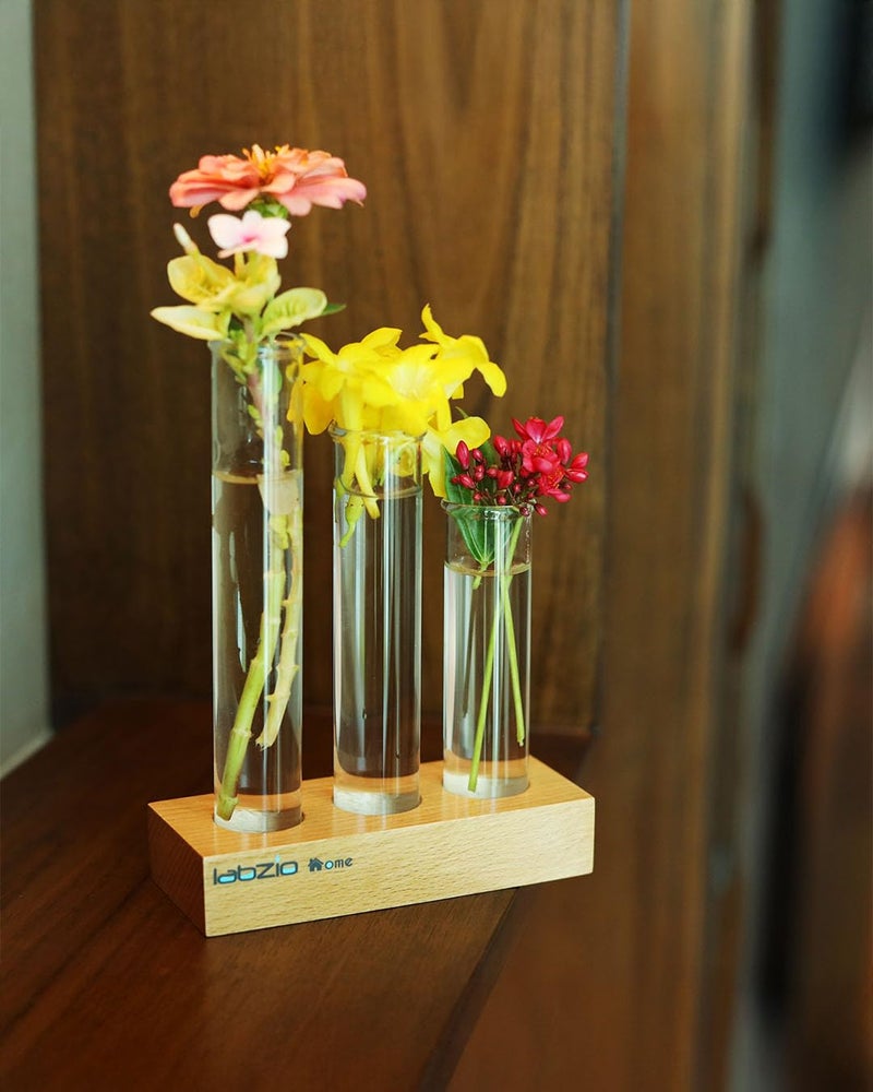 LABZIO Flower Vase with 3 Hand-Blown Borosilicate Glass Test Tubes in Small Wooden Block Stand – Elegant Diwali Home Decor, Festive Floral Display, Pooja Room & Living Room Decoration - Image 5