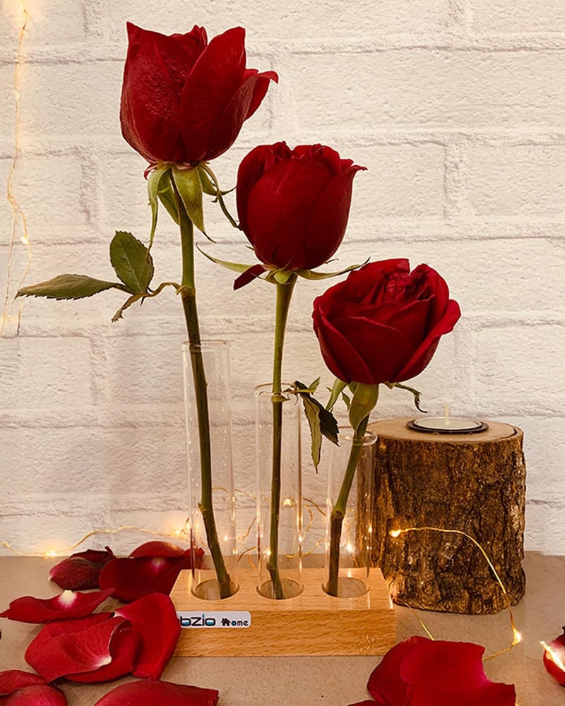 LABZIO Flower Vase with 3 Hand-Blown Borosilicate Glass Test Tubes in Small Wooden Block Stand – Elegant Diwali Home Decor, Festive Floral Display, Pooja Room & Living Room Decoration - Image 3