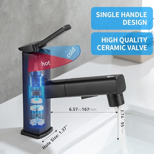 HANLIAN Single Hole Pull Out Faucet for Bathroom Sink, Black Sink Faucet Bathroom, One Handle Modern Restroom Tap with Pull Down Sprayer, 3 Modes Washroom Pull Out Tap with Rotating Spout - Image 3