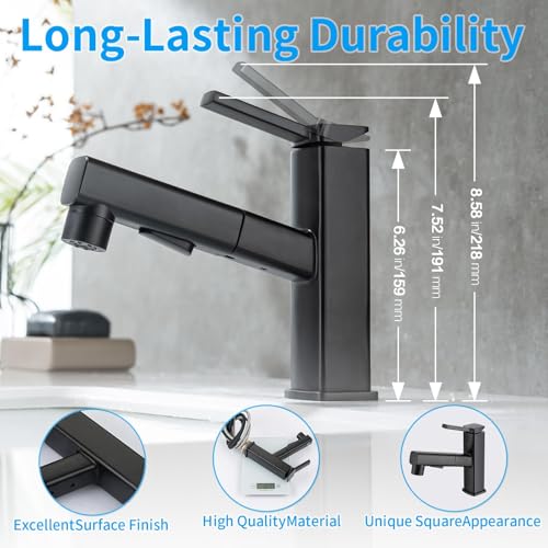 HANLIAN Single Hole Pull Out Faucet for Bathroom Sink, Black Sink Faucet Bathroom, One Handle Modern Restroom Tap with Pull Down Sprayer, 3 Modes Washroom Pull Out Tap with Rotating Spout - Image 4