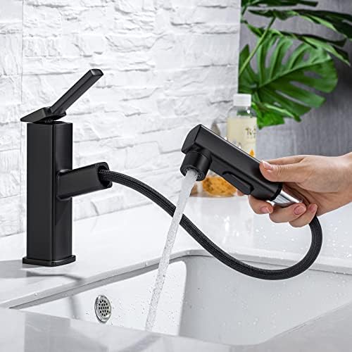 HANLIAN Single Hole Pull Out Faucet for Bathroom Sink, Black Sink Faucet Bathroom, One Handle Modern Restroom Tap with Pull Down Sprayer, 3 Modes Washroom Pull Out Tap with Rotating Spout - Image 2