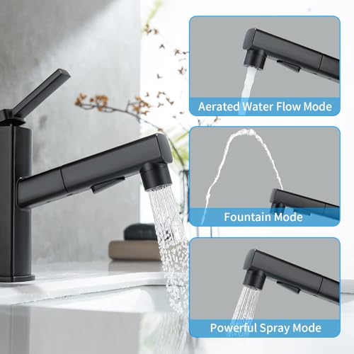 HANLIAN Single Hole Pull Out Faucet for Bathroom Sink, Black Sink Faucet Bathroom, One Handle Modern Restroom Tap with Pull Down Sprayer, 3 Modes Washroom Pull Out Tap with Rotating Spout - Image 5
